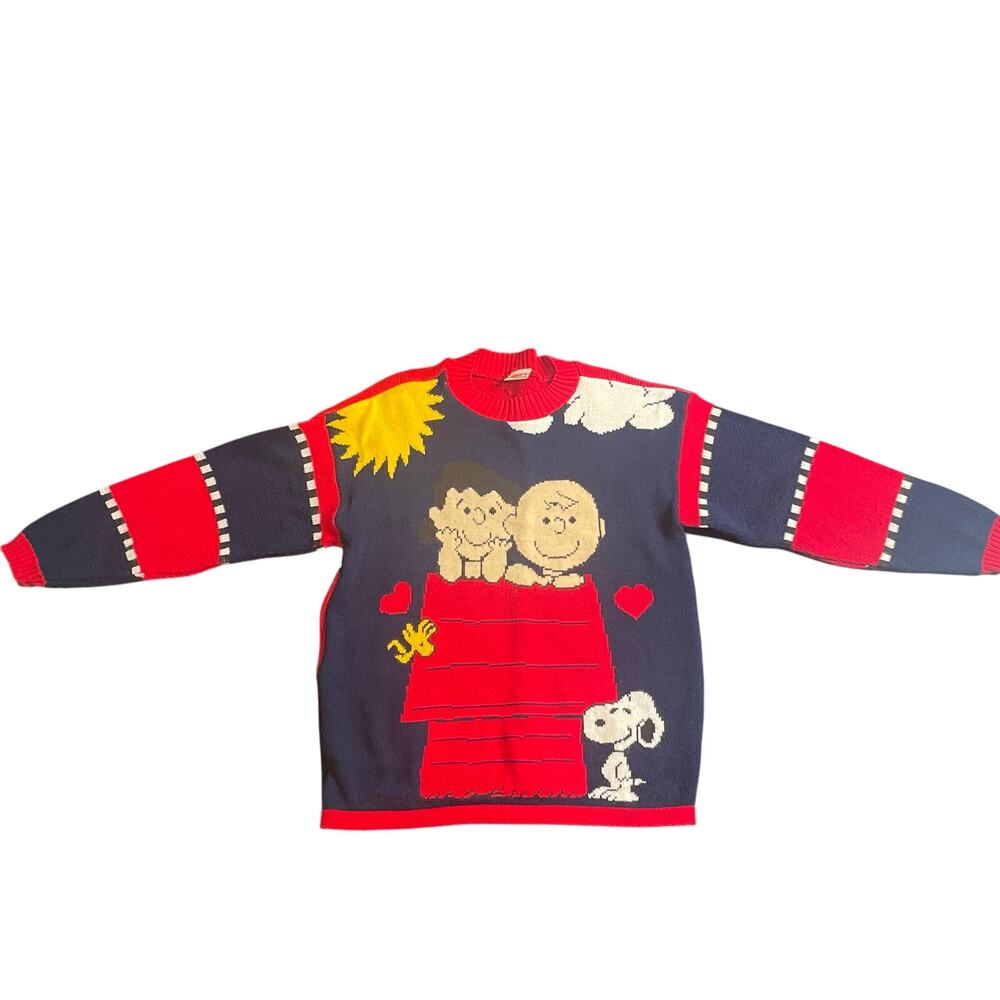 Vintage‎ Snoopy & Friends Peanuts Charlie Brown Lucy Knit Sweater Red Navy Blue